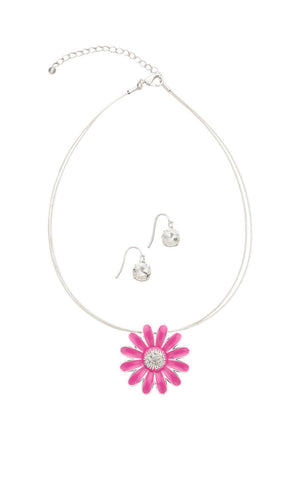 Silver Tone Coil Pink Flower Pendant Necklace and Drop Earring Set - Reed House of Jewels Silver Tone Coil Pink Flower Pendant Necklace and Drop Earring Set - Reed House of Jewels