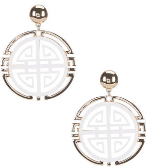 White Geometric Shou Pattern Drop Earrings - Reed House of Jewels White Geometric Shou Pattern Drop Earrings - Reed House of Jewels