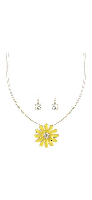 Gold Tone Coil Yellow Flower Pendant Necklace and Drop Earring Set - Reed House of Jewels Gold Tone Coil Yellow Flower Pendant Necklace and Drop Earring Set - Reed House of Jewels
