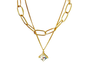 Two Layer Chunky Gold Tone Necklace with Square Stone - Reed House of Jewels Two Layer Chunky Gold Tone Necklace with Square Stone - Reed House of Jewels