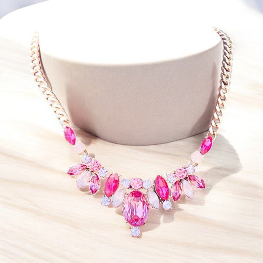 Fuchsia and Pink Crystal Gold Tone Necklace