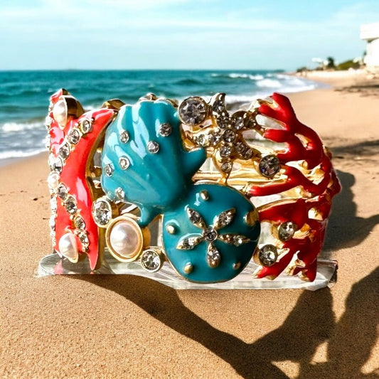 Beach Themed Crystal and Pearl Painted Cuff - Reed House of Jewels