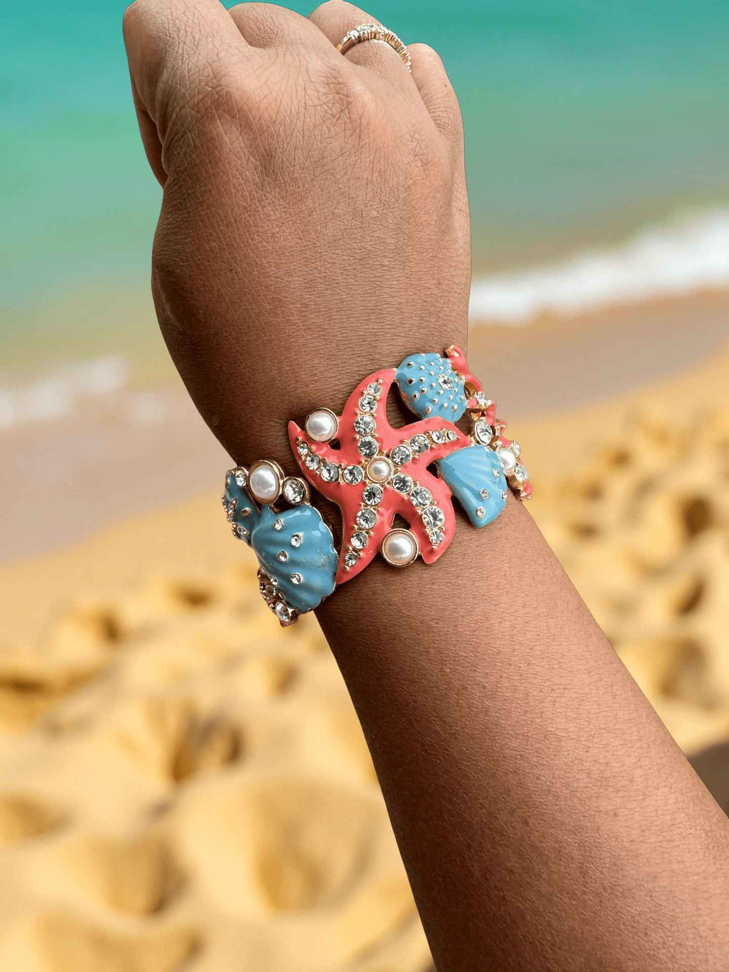 Beach Themed Crystal and Pearl Painted Cuff - Reed House of Jewels