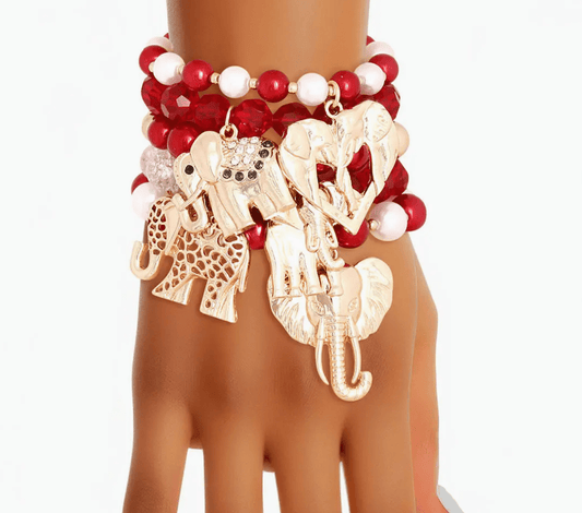 5 Pcs. Red, White, Pearl, Gold Elephant Charms Bracelet Stack - Reed House of Jewels