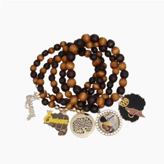 5 pcs Wooden Bead Black Queen Charm Bracelet Stack - Reed House of Jewels