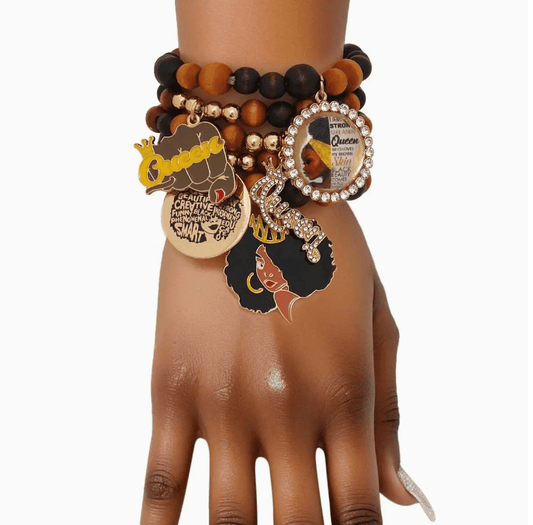 5 pcs Wooden Bead Black Queen Charm Bracelet Stack - Reed House of Jewels