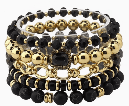 Oval Link Multi Bead Black and Gold Bracelet Stack - Reed House of Jewels