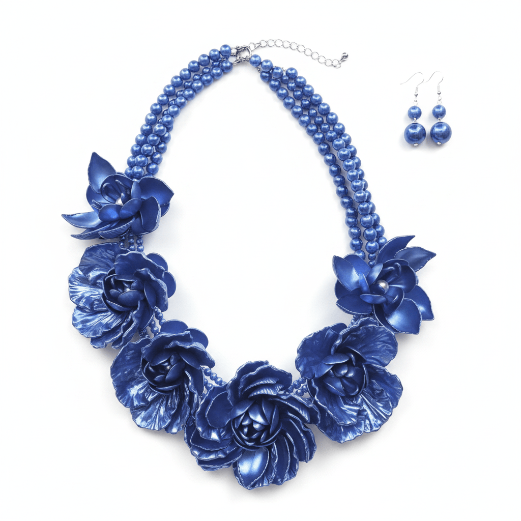 Royal Blue Flower Layered Pearl Statement Necklace and Earring Set - Reed House of Jewels