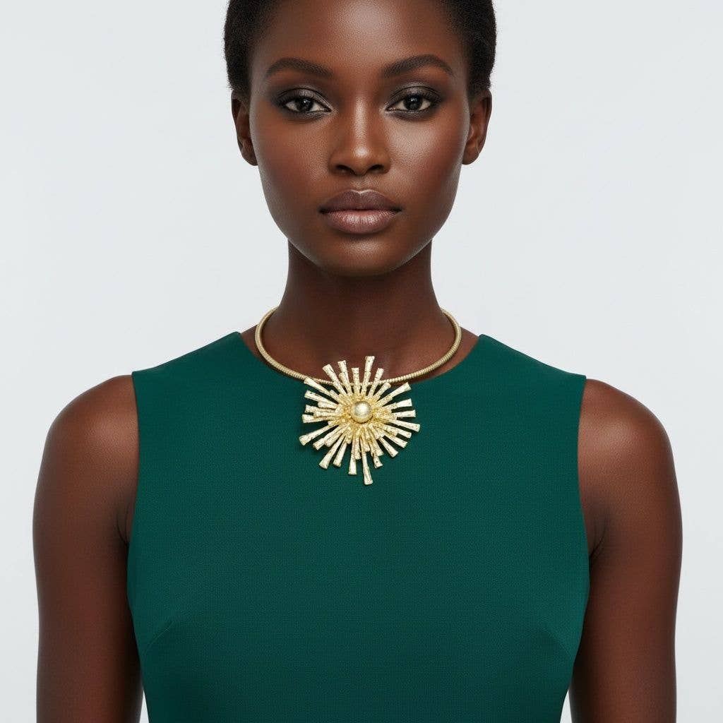 Matte Gold Metal Sunburst Flower Necklace - Reed House of Jewels