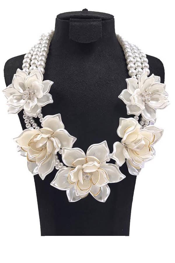 White Flower Layered Pearl Multi - Stand Statement Necklace Set - Reed House of Jewels