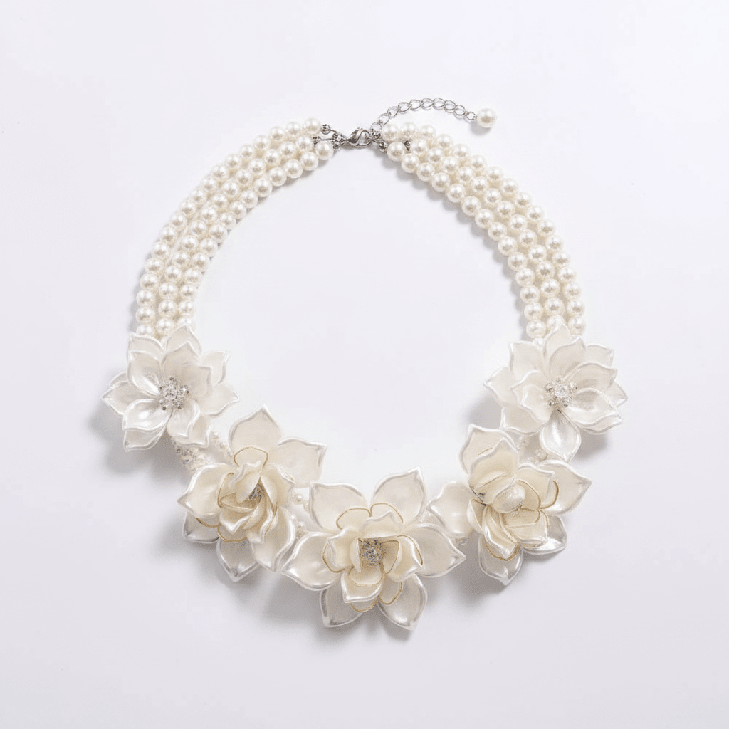 White Flower Layered Pearl Multi-Stand Statement Necklace Set