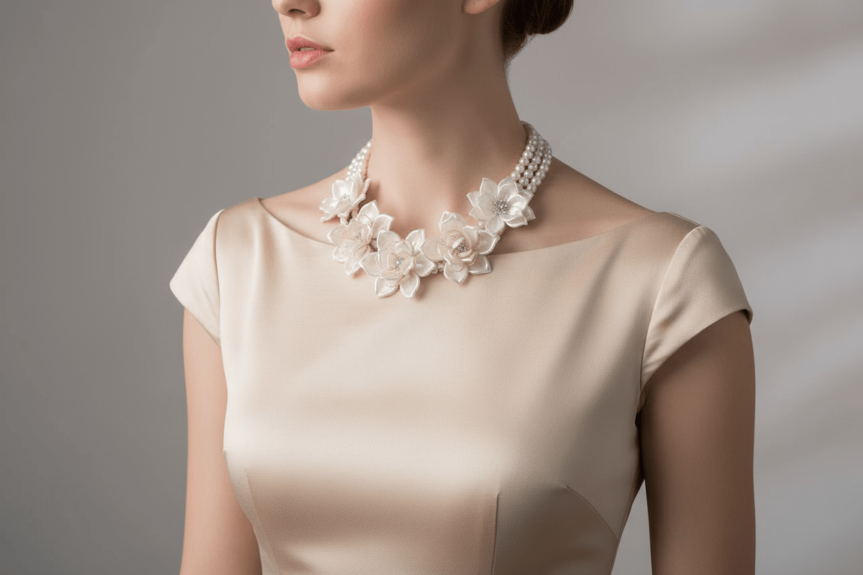 White Flower Layered Pearl Multi - Stand Statement Necklace Set - Reed House of Jewels