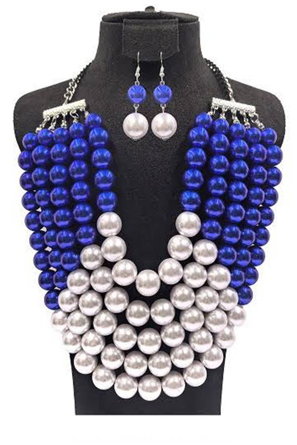5 Strands Pearls Royal Blue & White Statement Necklace and Earring Set - Reed House of Jewels