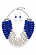 5 Strands Pearls Royal Blue & White Statement Necklace and Earring Set - Reed House of Jewels