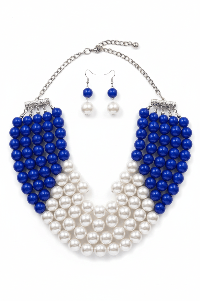 5 Strands Pearls Royal Blue & White Statement Necklace and Earring Set - Reed House of Jewels