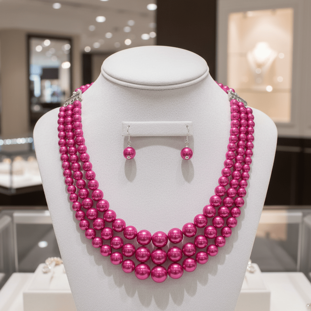 Fuchsia Multi Strand Pearl Necklace and Earring Set - Reed House of Jewels