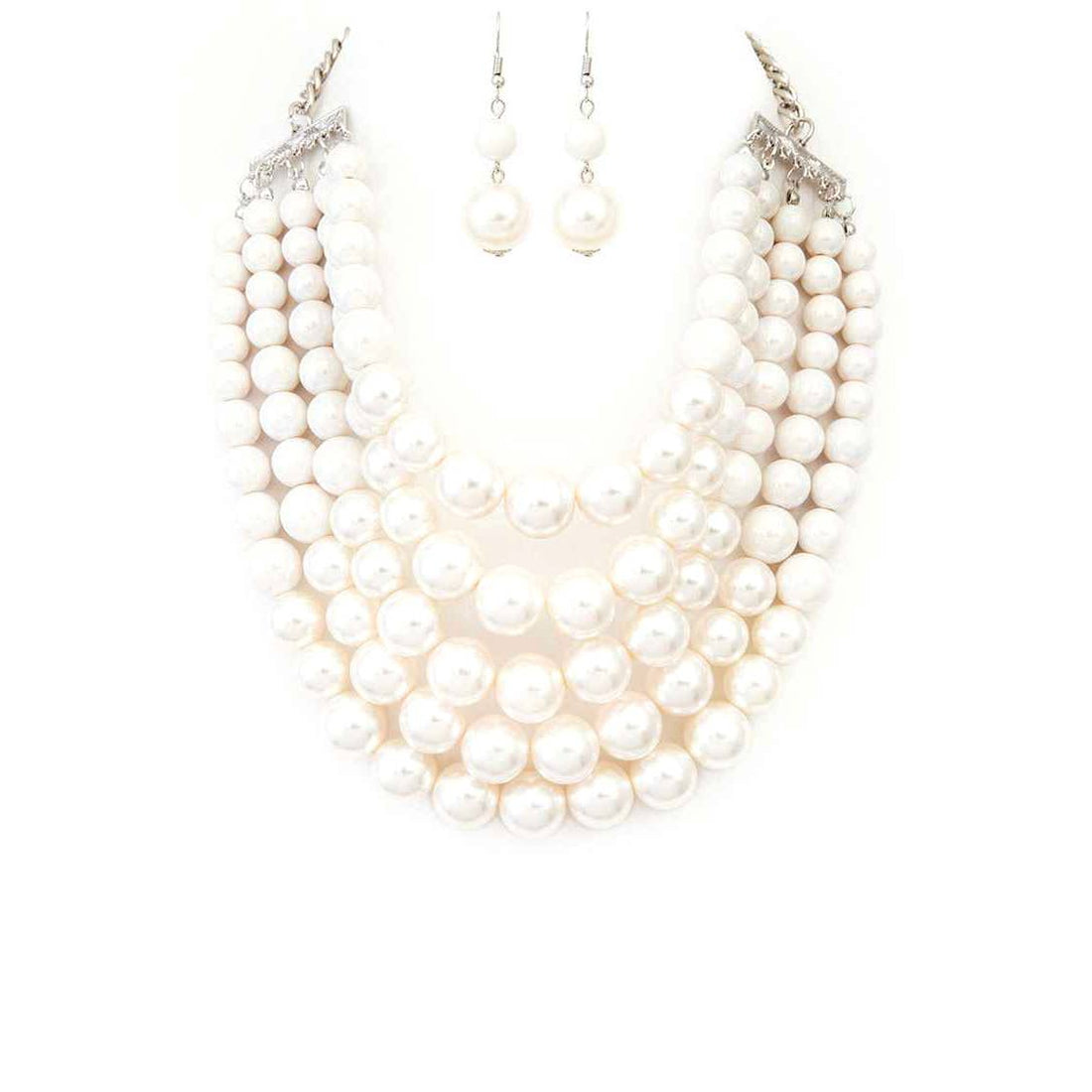 2 Tone Layered Cream and White Pearls Multi - Strand Bib Statement Necklace and Earring Set - Reed House of Jewels