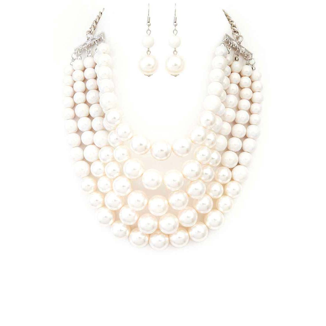2 Tone Layered Cream and White Pearls Multi - Strand Bib Statement Necklace and Earring Set - Reed House of Jewels