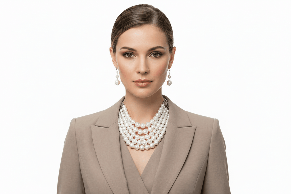 2 Tone Layered Cream and White Pearls Multi - Strand Bib Statement Necklace and Earring Set - Reed House of Jewels