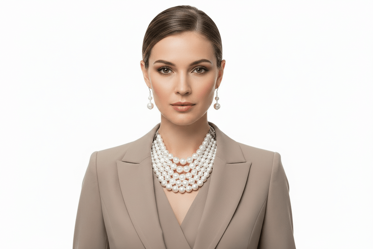 2 Tone Layered Cream and White Pearls Multi - Strand Bib Statement Necklace and Earring Set - Reed House of Jewels