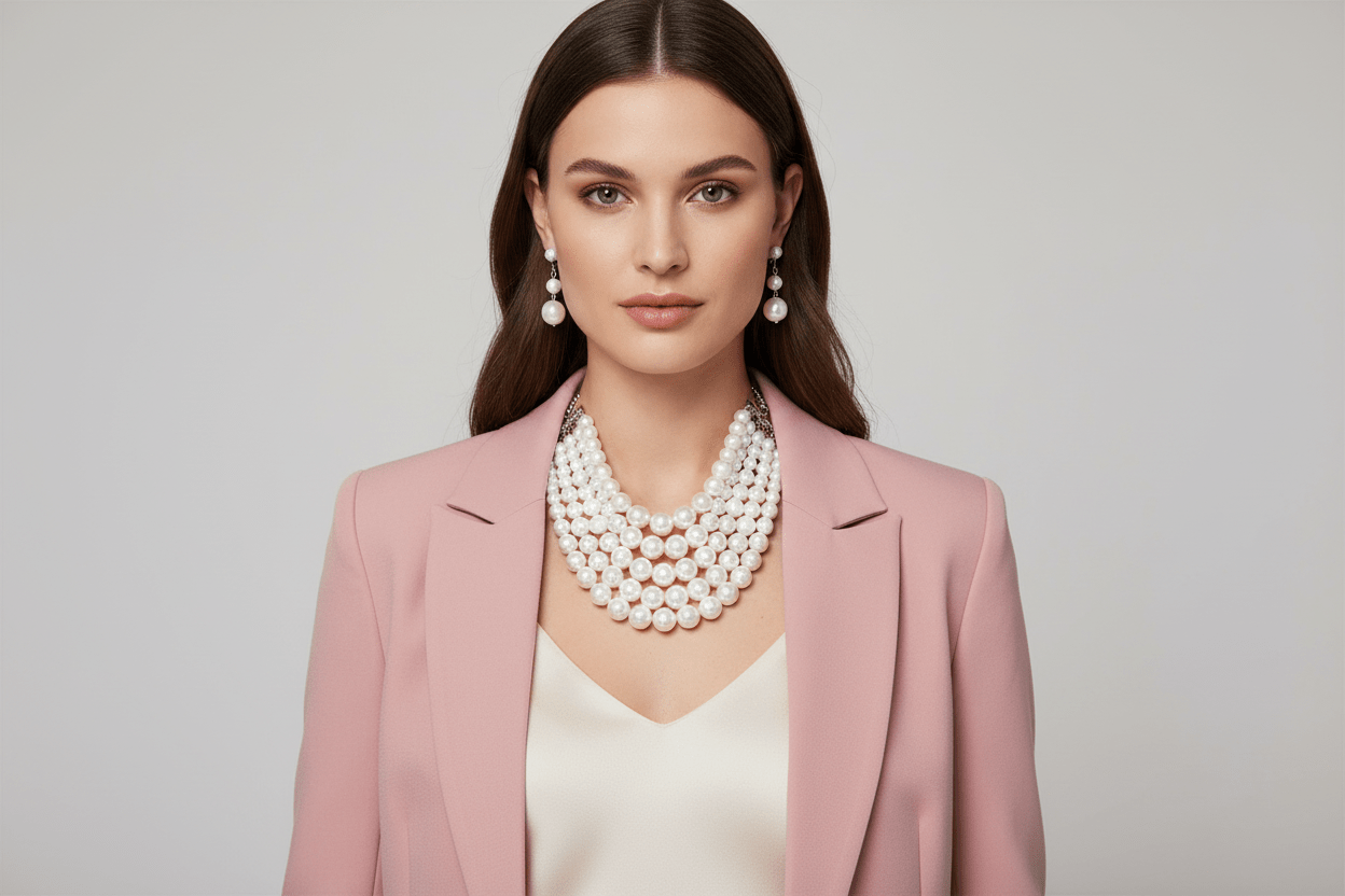 2 Tone Layered Cream and White Pearls Multi - Strand Bib Statement Necklace and Earring Set - Reed House of Jewels