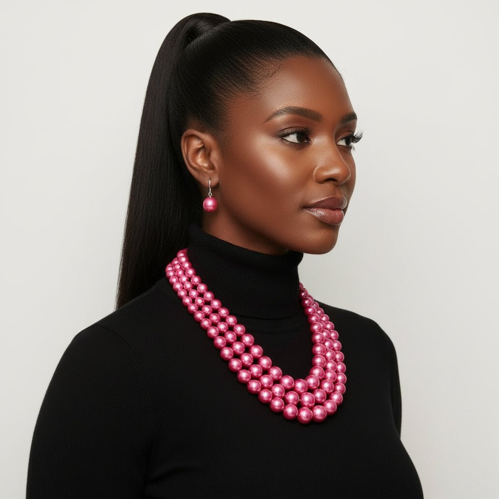 Fuchsia Multi Strand Pearl Necklace and Earring Set - Reed House of Jewels