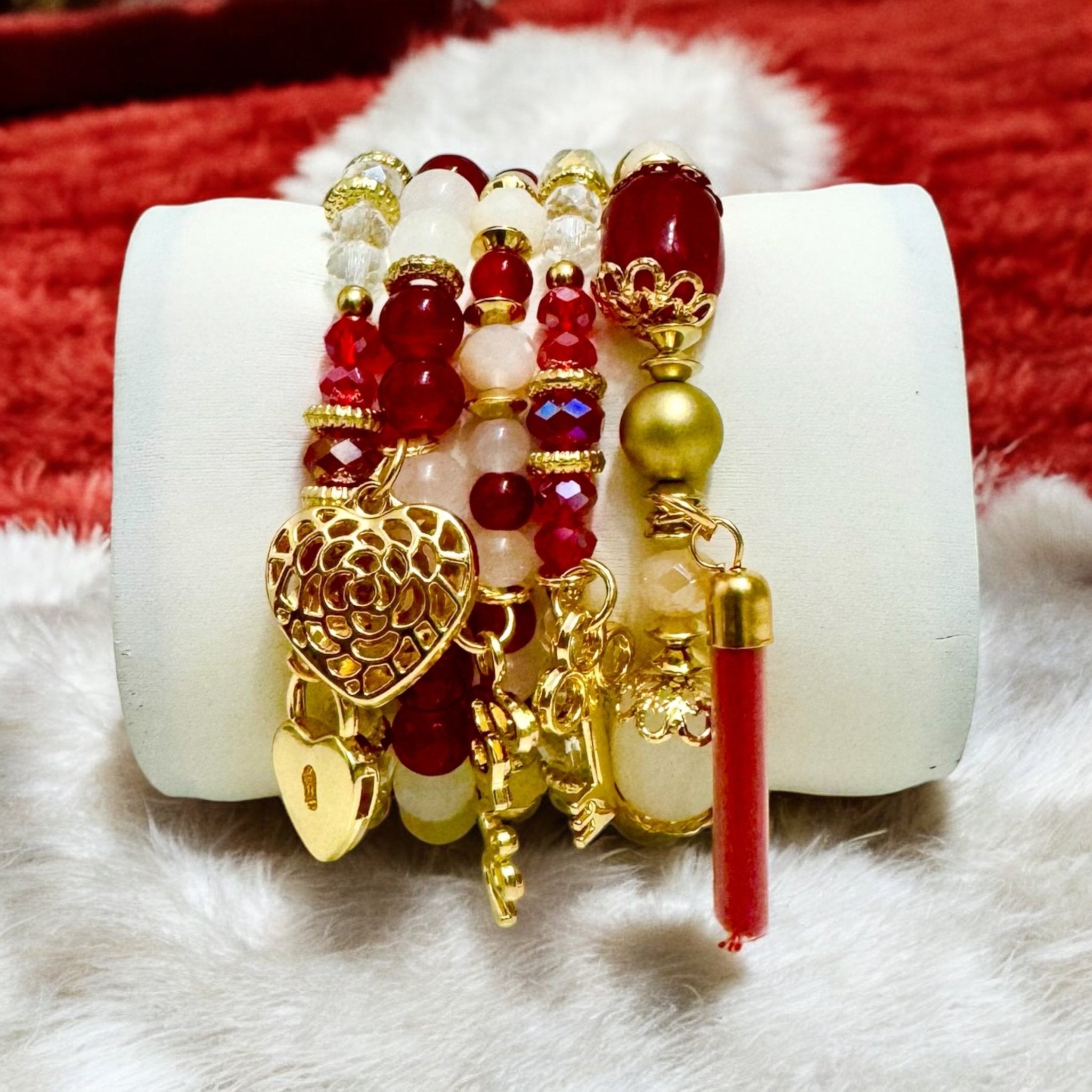 Red and White Glass 5 pcs Charm Bracelet Stack - Reed House of Jewels