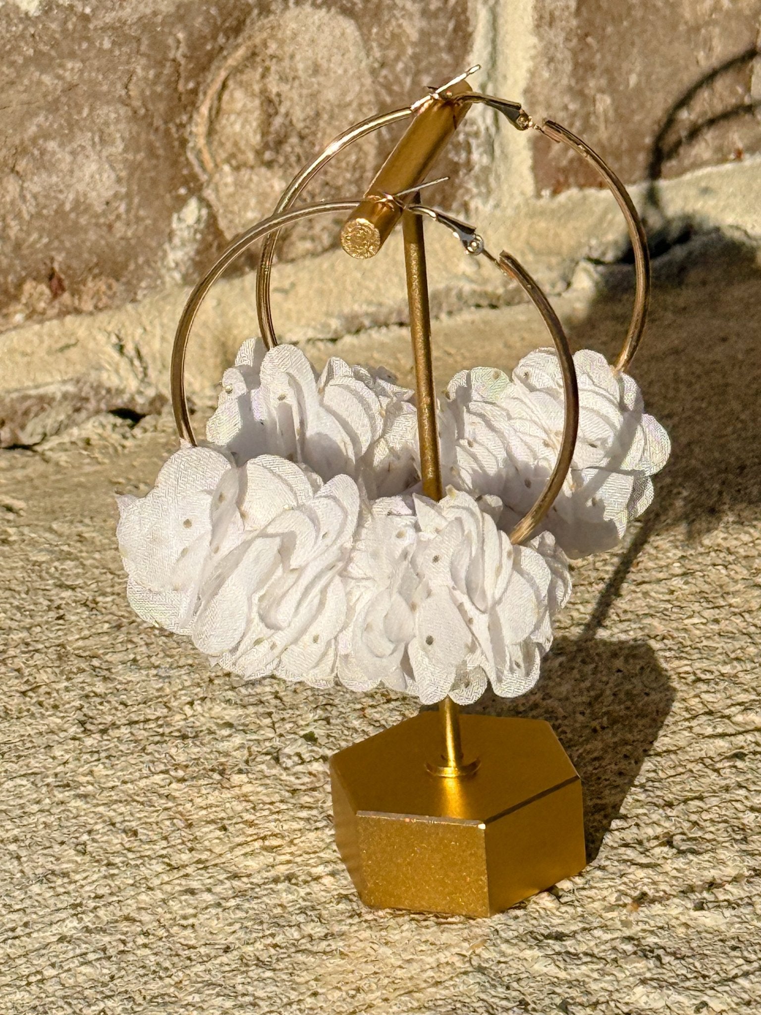 White and Gold Fabric Ruffle Hoop Earrings - Reed House of Jewels