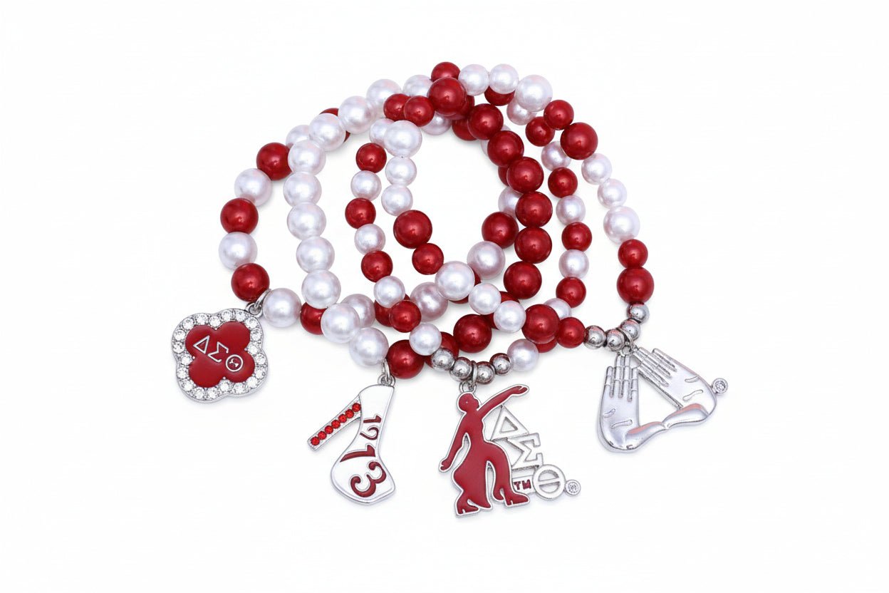 Red and White Pearl Charm 4 Pcs Bracelet Stack - Reed House of Jewels