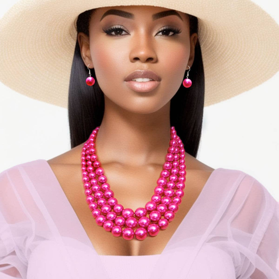 Fuchsia Multi Strand Pearl Necklace and Earring Set - Reed House of Jewels