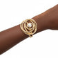 Pearl Accent Oversize Textured Whirl Hinged Gold Tone Bangle Bracelet - Reed House of Jewels