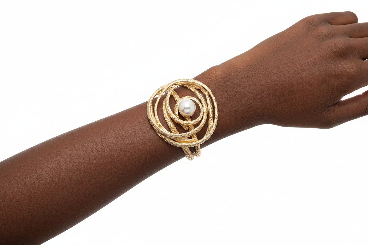 Pearl Accent Oversize Textured Whirl Hinged Gold Tone Bangle Bracelet - Reed House of Jewels