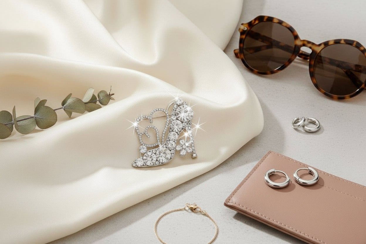 Glass Crystal High Heel and Heart Silver Brooch - Reed House of Jewels