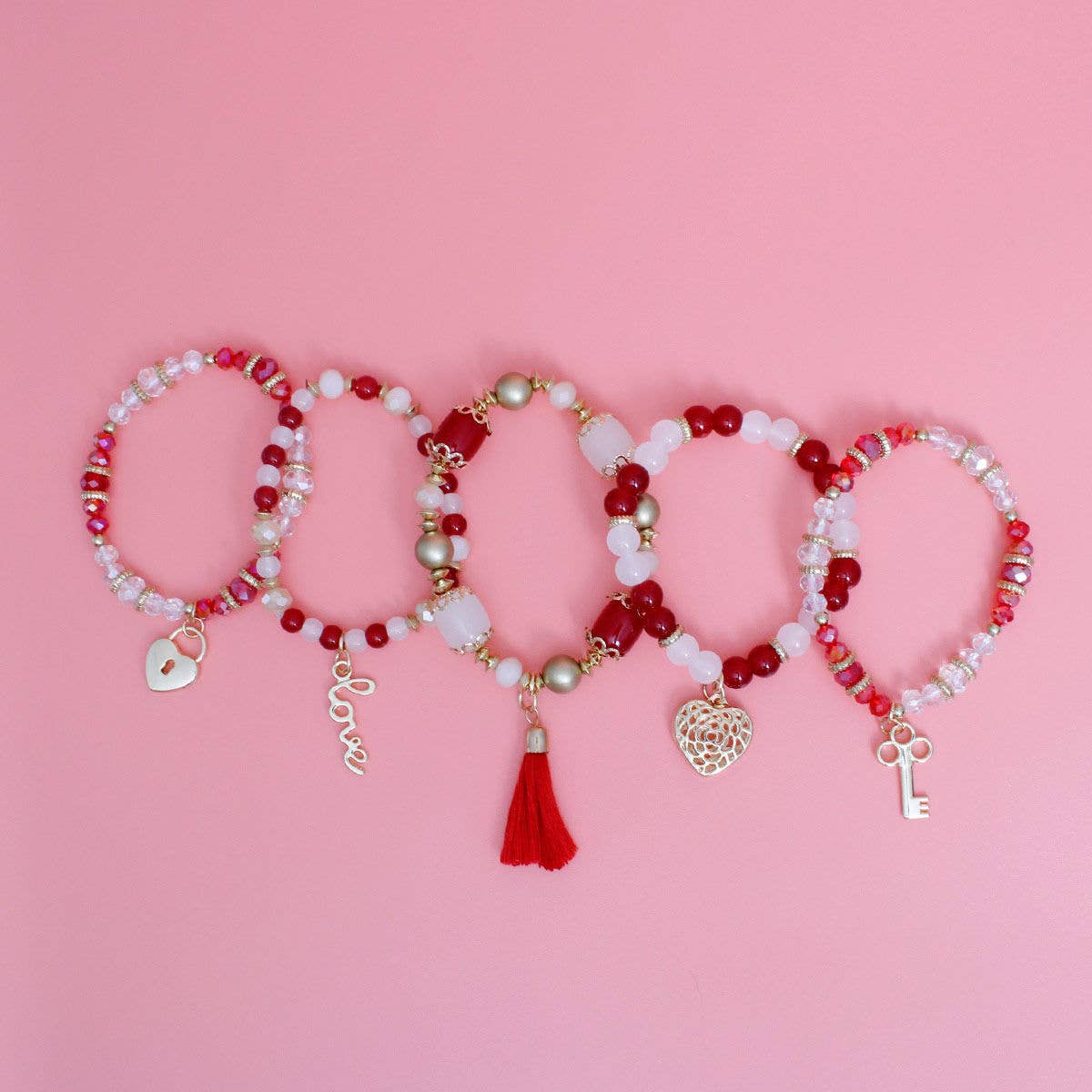 Red and White Glass 5 pcs Charm Bracelet Stack - Reed House of Jewels