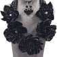 Black Flower Layered Pearl Statement Bib Necklace and Earring Set - Reed House of Jewels
