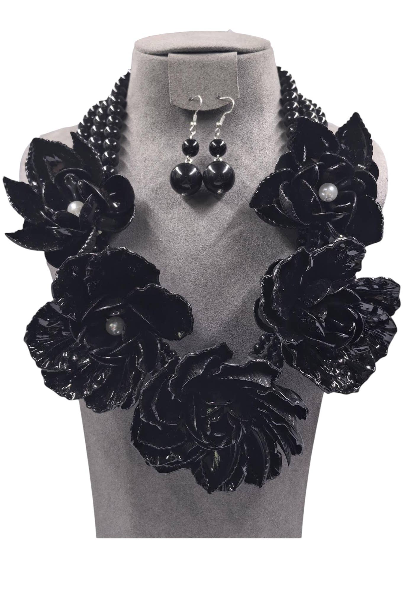 Black Flower Layered Pearl Statement Bib Necklace and Earring Set - Reed House of Jewels