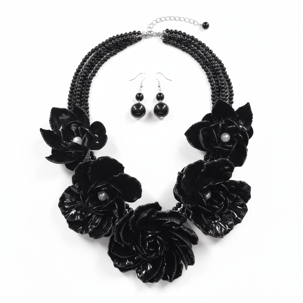 Black Flower Layered Pearl Statement Bib Necklace and Earring Set