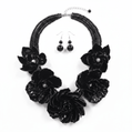 Black Flower Layered Pearl Statement Bib Necklace and Earring Set - Reed House of Jewels