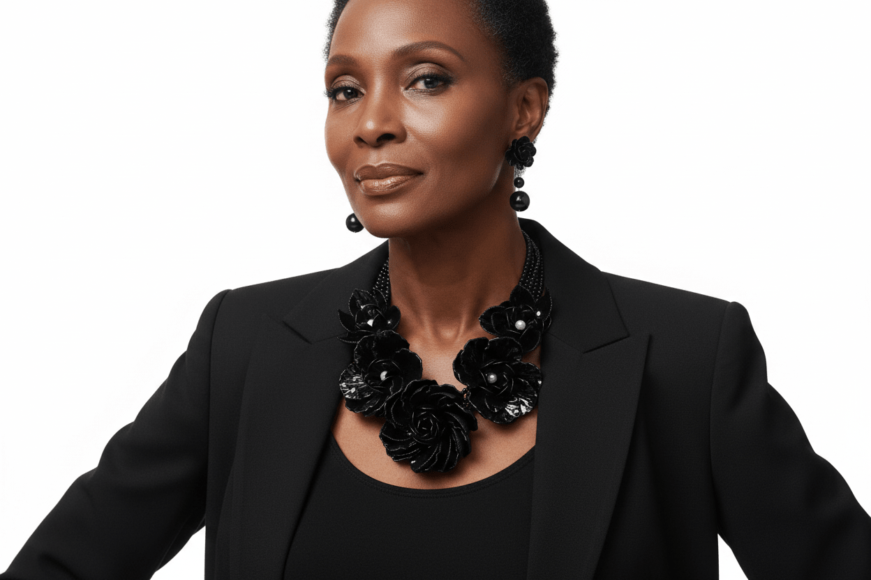 Black Flower Layered Pearl Statement Bib Necklace and Earring Set - Reed House of Jewels