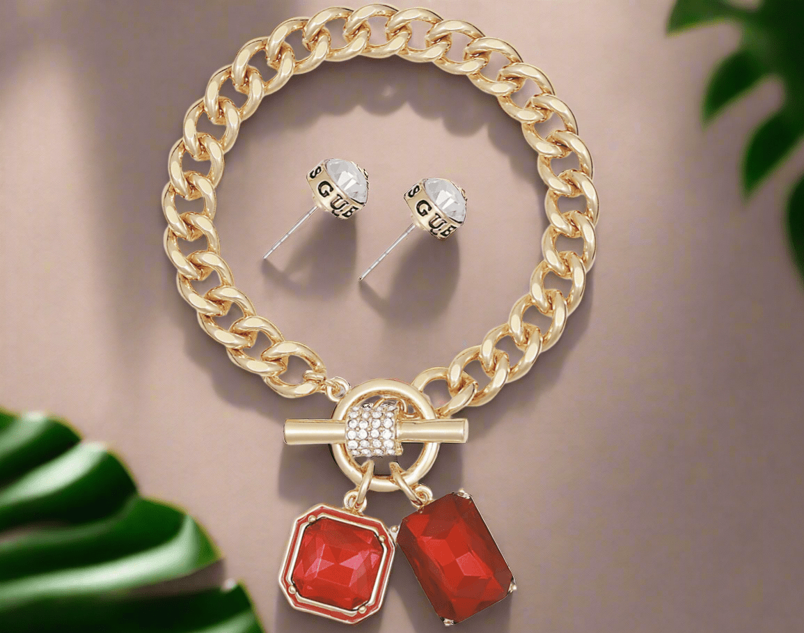 Red Double Stone Charm Toggle Bracelet and Stud Earring Set - Reed House of Jewels
