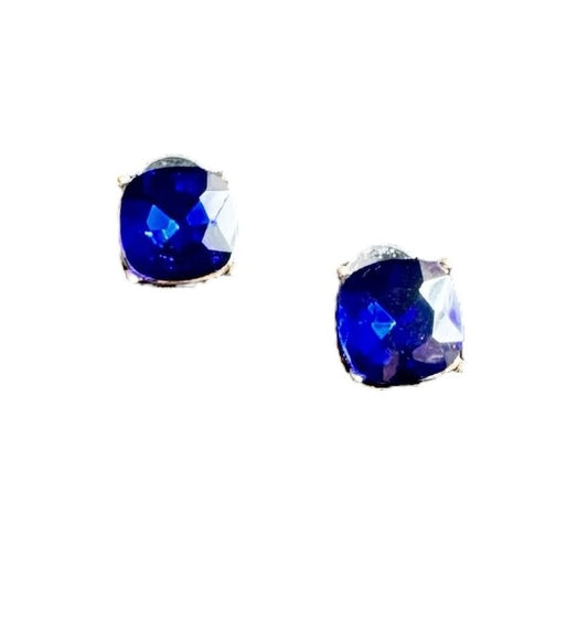 Gold Tone and Sapphire Blue Square Earrings - Reed House of Jewels