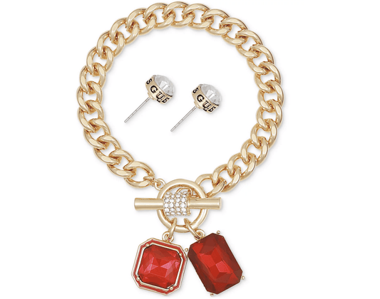 Red Double Stone Charm Toggle Bracelet and Stud Earring Set - Reed House of Jewels