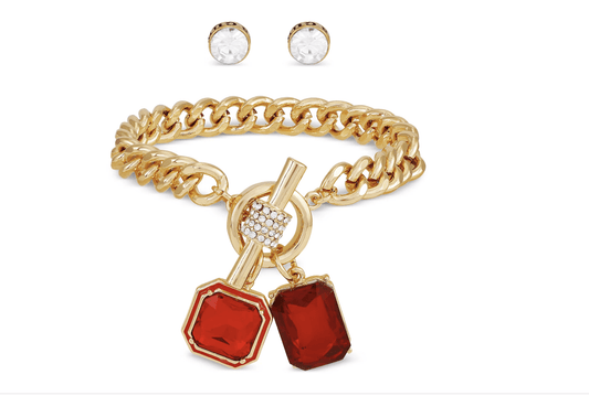 Red Double Stone Charm Toggle Bracelet and Stud Earring Set - Reed House of Jewels