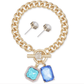 Aqua and Blue Double Stone Charm Toggle Bracelet and Stud Earring Set - Reed House of Jewels