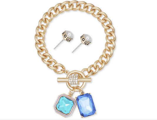 Aqua and Blue Double Stone Charm Toggle Bracelet and Stud Earring Set - Reed House of Jewels