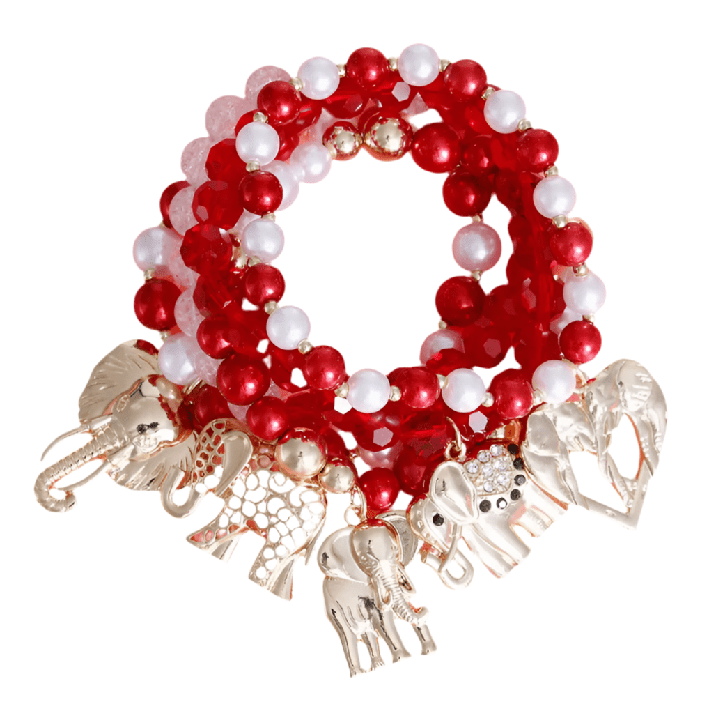 5 Pcs. Red, White, Pearl, Gold Elephant Charms Bracelet Stack - Reed House of Jewels