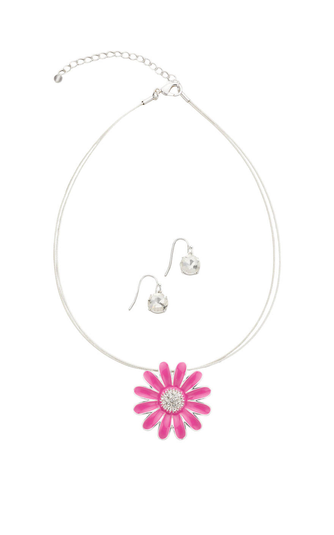 Silver Tone Coil Pink Flower Pendant Necklace and Drop Earring Set - Reed House of Jewels