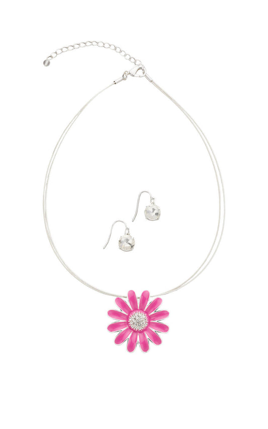 Silver Tone Coil Pink Flower Pendant Necklace and Drop Earring Set - Reed House of Jewels