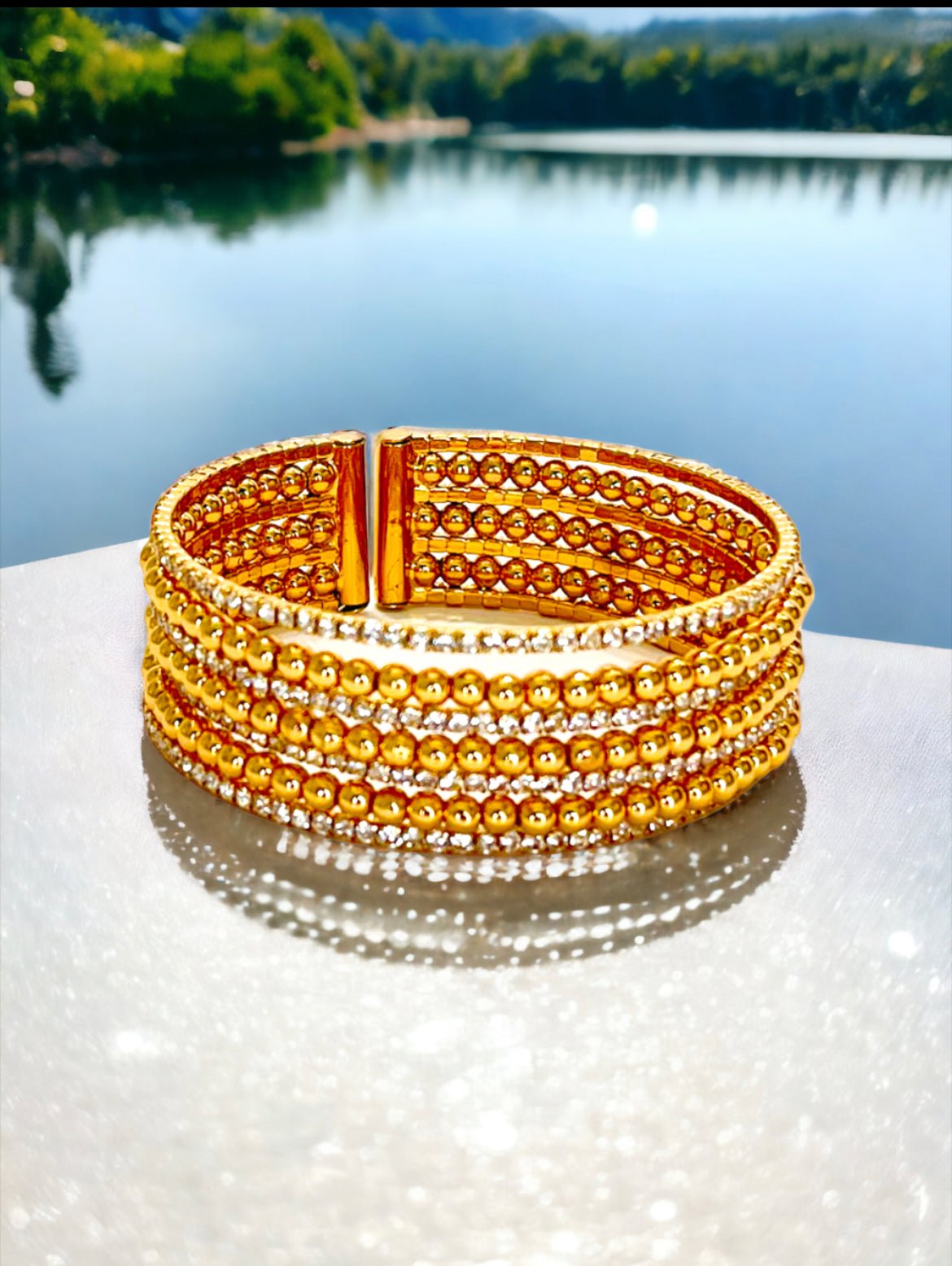 Gold Tone and Crystal 8" Expandable Bracelet - Reed House of Jewels