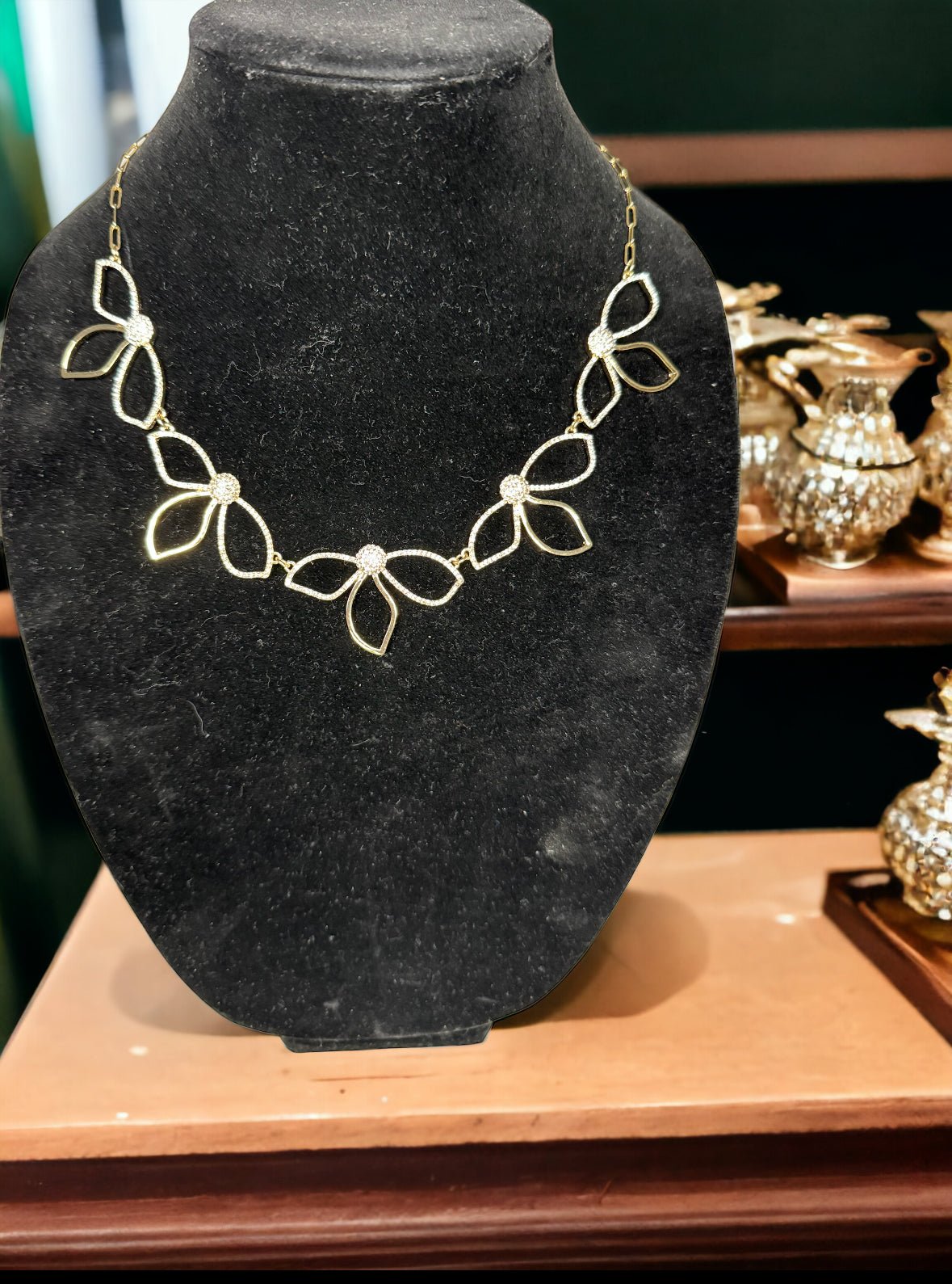 3 Leaf Floral Crystal and Gold Tone Paperclip Necklace - Reed House of Jewels